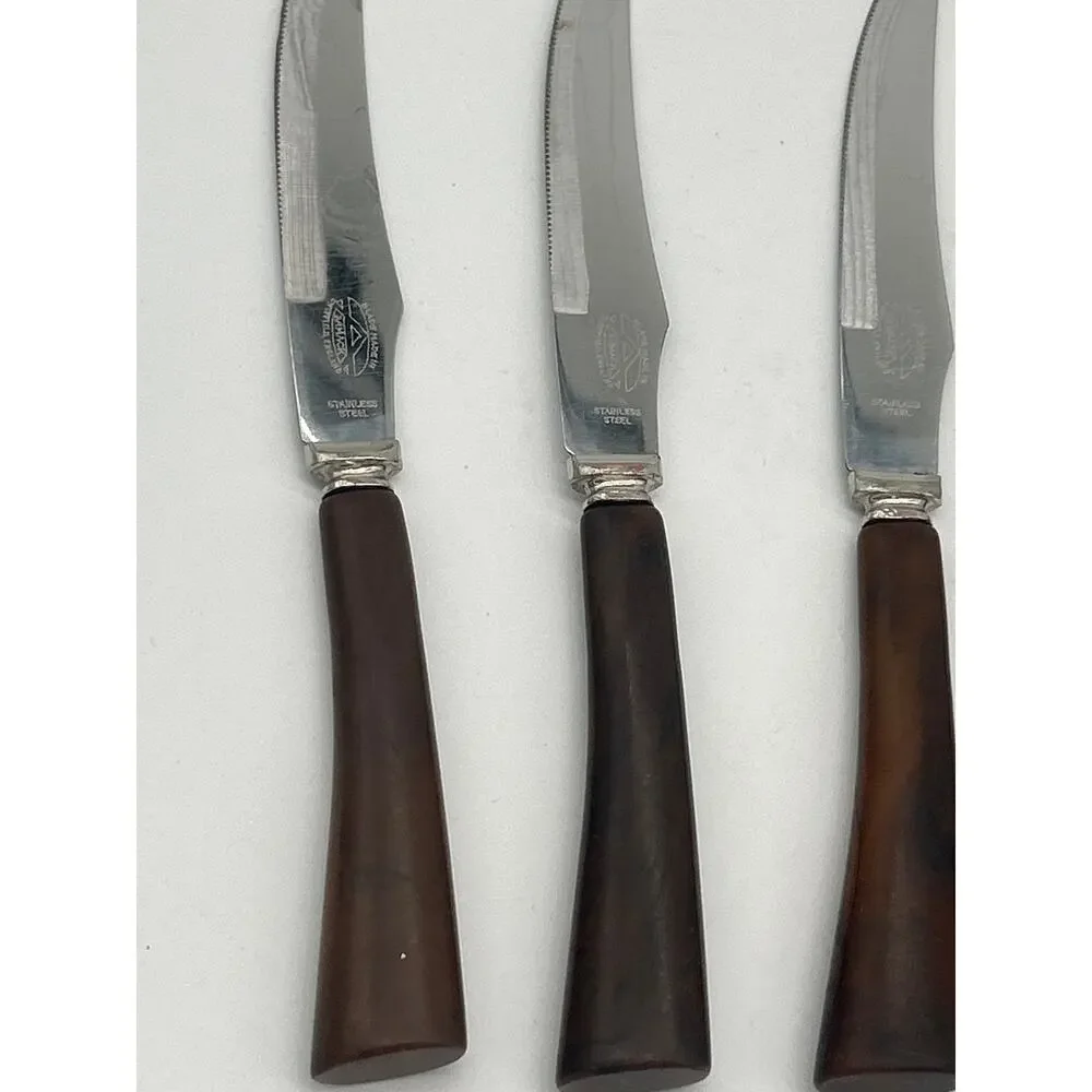 Vintage Armack Sheffield England Stainless Steel Steak Knives Set of 6 Brown